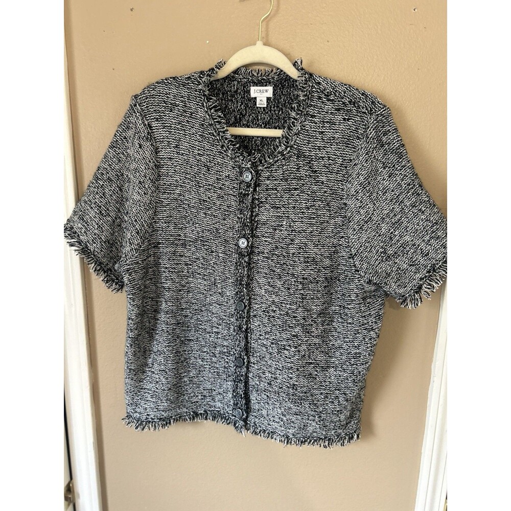 J Crew Cardigan Womens XL Gray Short Sleeve Fringe Lady Sweater Preppy Button
